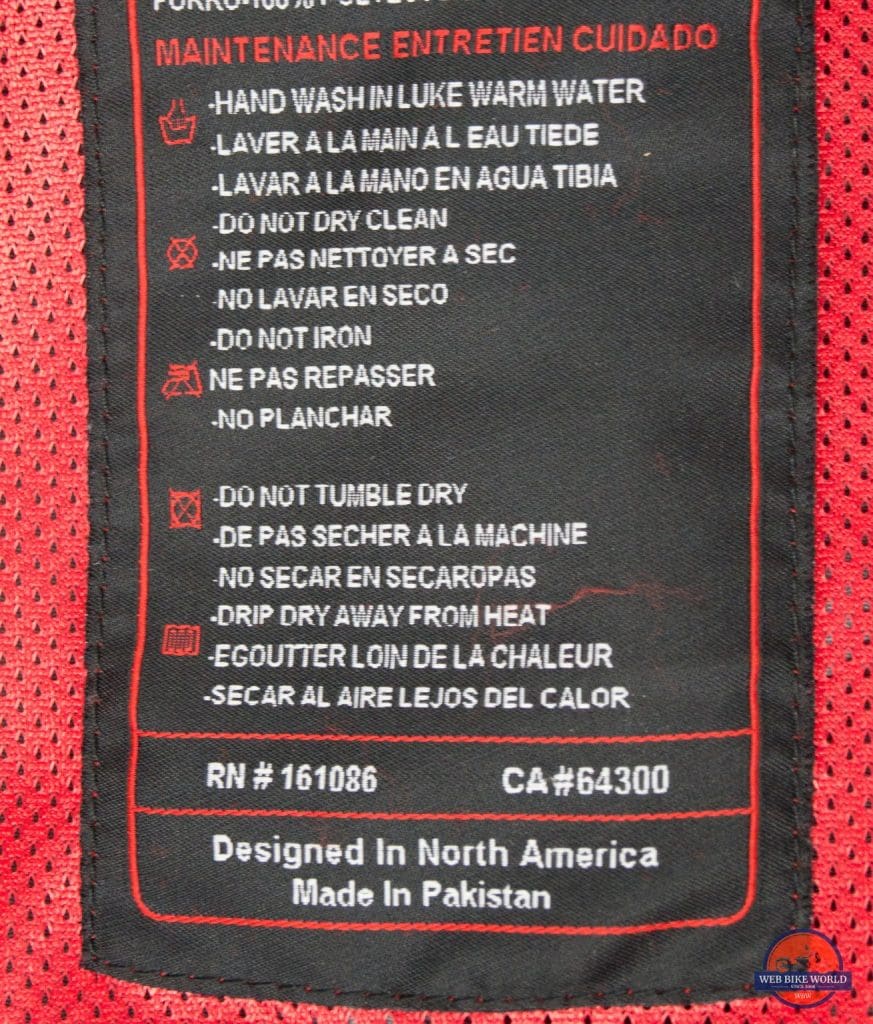 Care instructions for the Gryphon Moto Indy Pants.