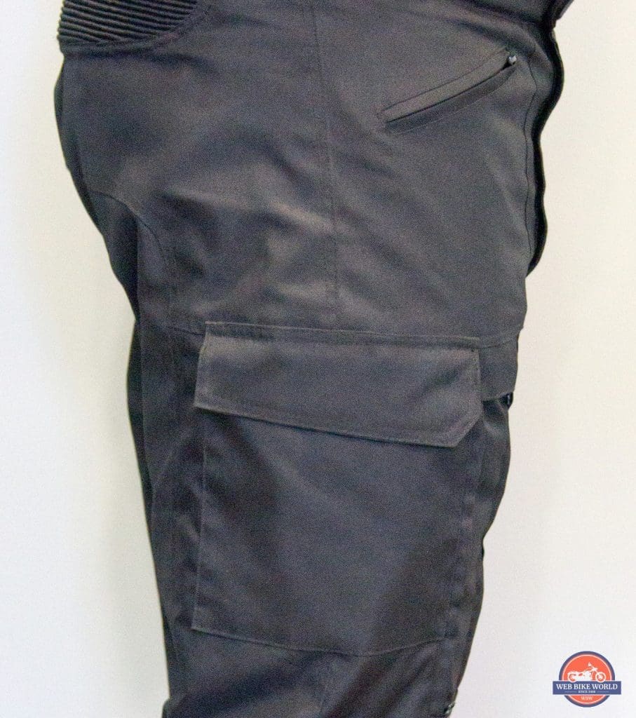 A side profile of the Gryphon Moto Indy Pants with the cargo pocket.