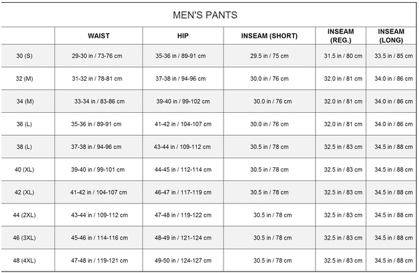 Men's pants measurement chart for the Gryphon Moto Indy Pants.