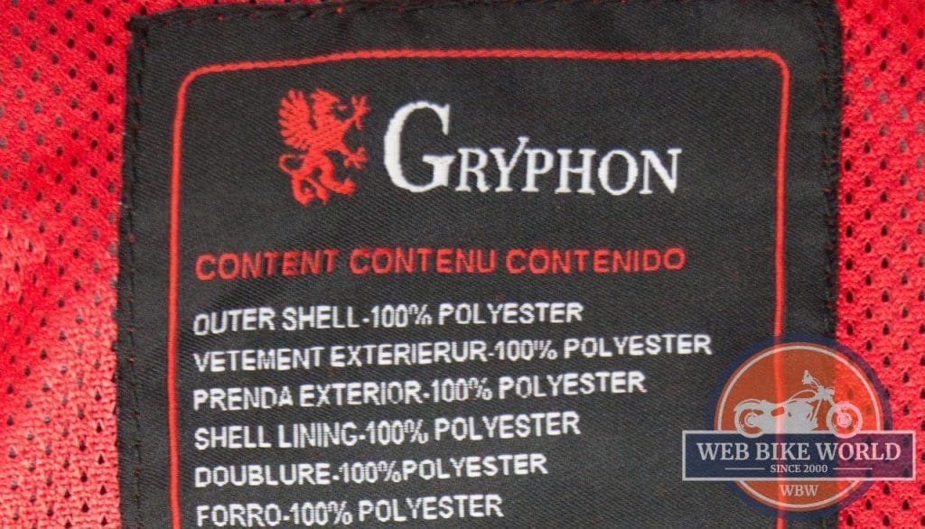 Gryphon Moto Vancouver Jacket Construction Label