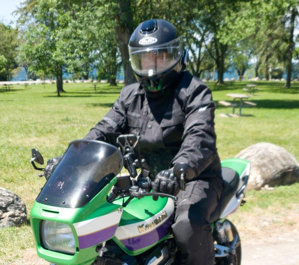 Gryphon Moto Vancouver Jacket Being Tested On A Kawasaki ZRX