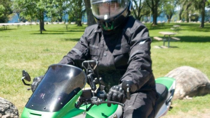 Gryphon Moto Vancouver Jacket Being Tested On A Kawasaki ZRX
