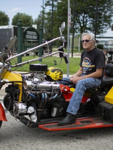 an anttendee of the Rebel Road Bike Rally shows off his sweet ride
