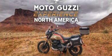 the poster advertising Moto Guzzi Experience coming to the colonies of America!