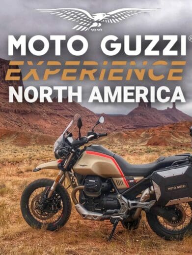 the poster advertising Moto Guzzi Experience coming to the colonies of America!