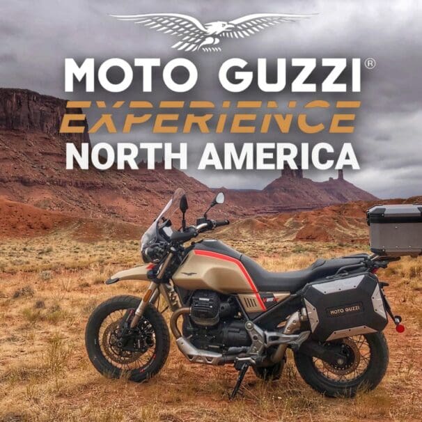 the poster advertising Moto Guzzi Experience coming to the colonies of America!