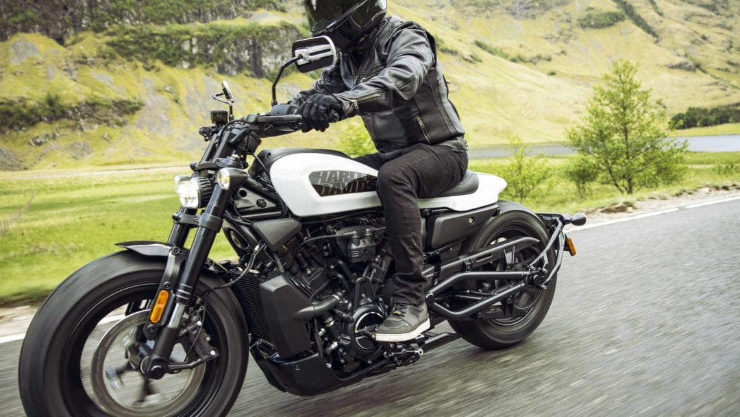 A side profile of a rider trying out the new Harley Davidson Sportster® S in Scotland