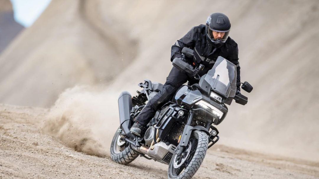 a side view of a rider on the Harley Davidson Pan America