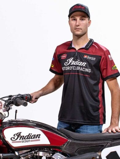 A view of Indian Motorcycle Racing SuperTwins Champion and Wrecking Crew member, Briar Bauman, with a motorcycle