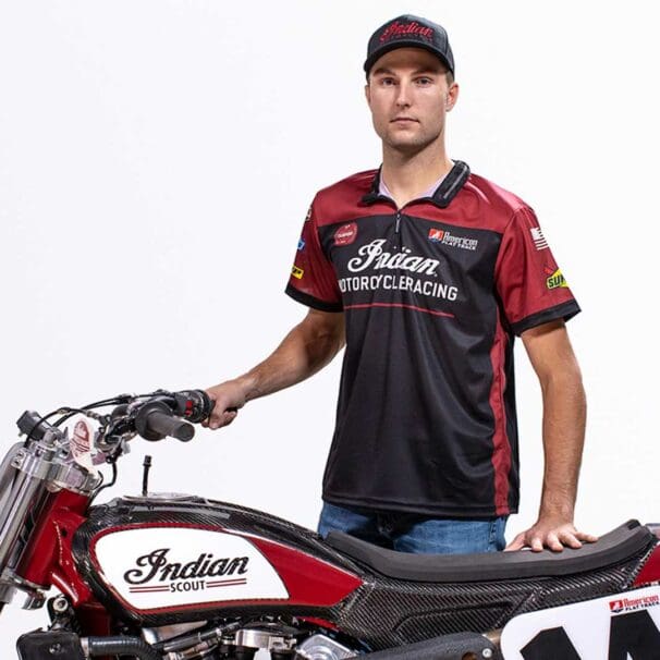 A view of Indian Motorcycle Racing SuperTwins Champion and Wrecking Crew member, Briar Bauman, with a motorcycle