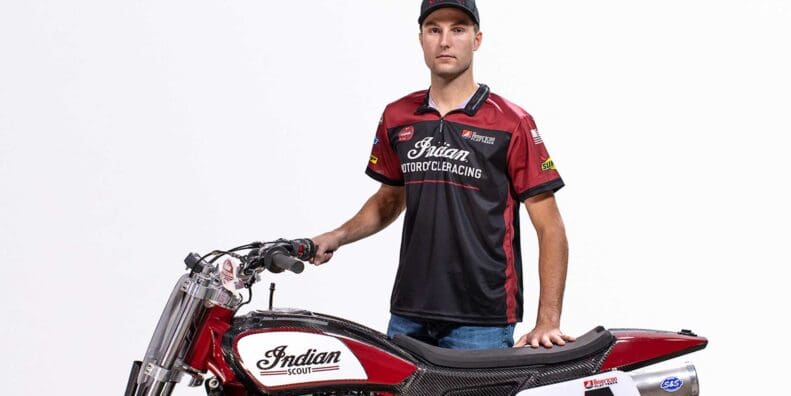 A view of Indian Motorcycle Racing SuperTwins Champion and Wrecking Crew member, Briar Bauman, with a motorcycle