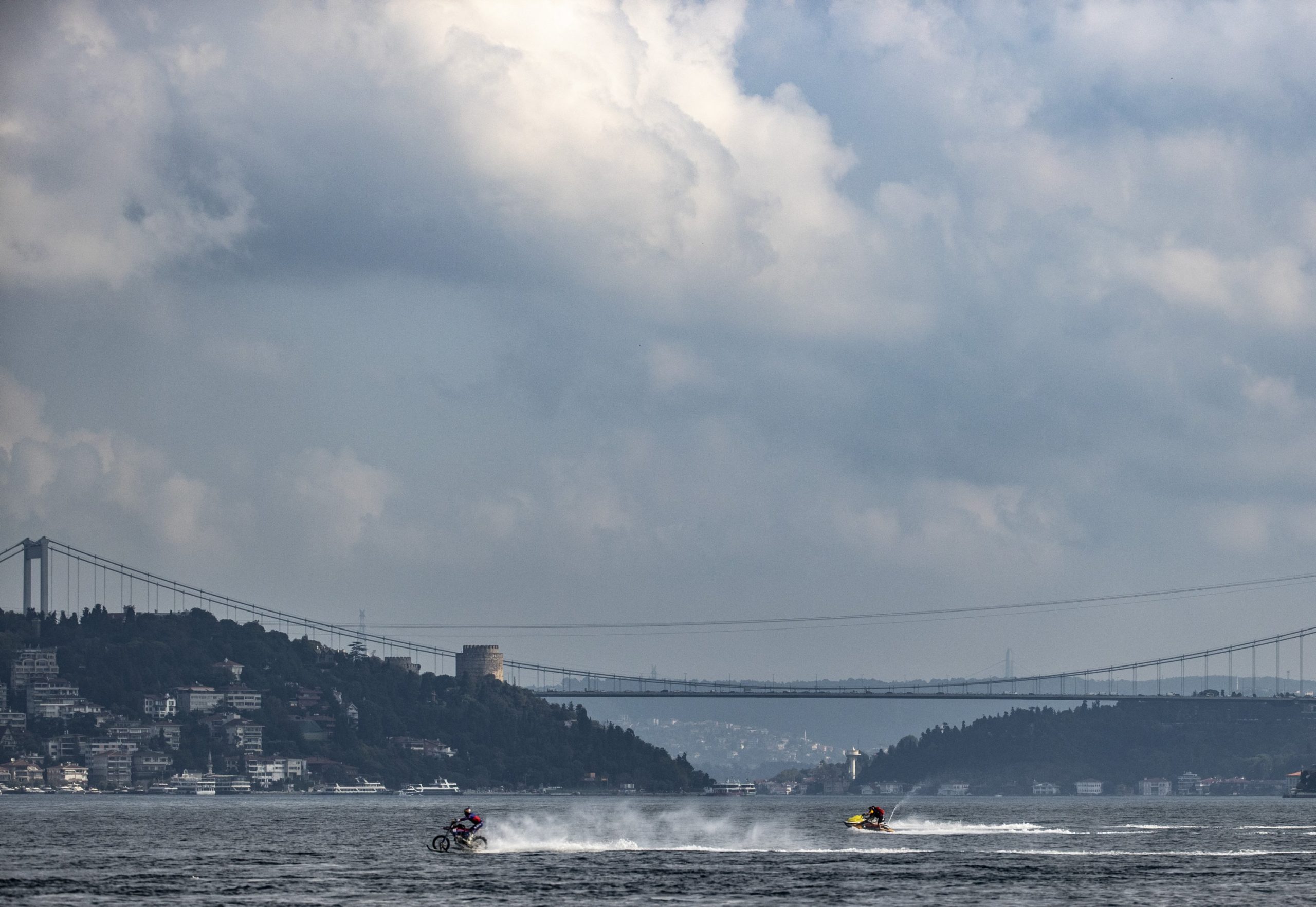 A view of Robbie Maddison riding the Strait of Istanbul with a backup ski-doo video graphing the experience