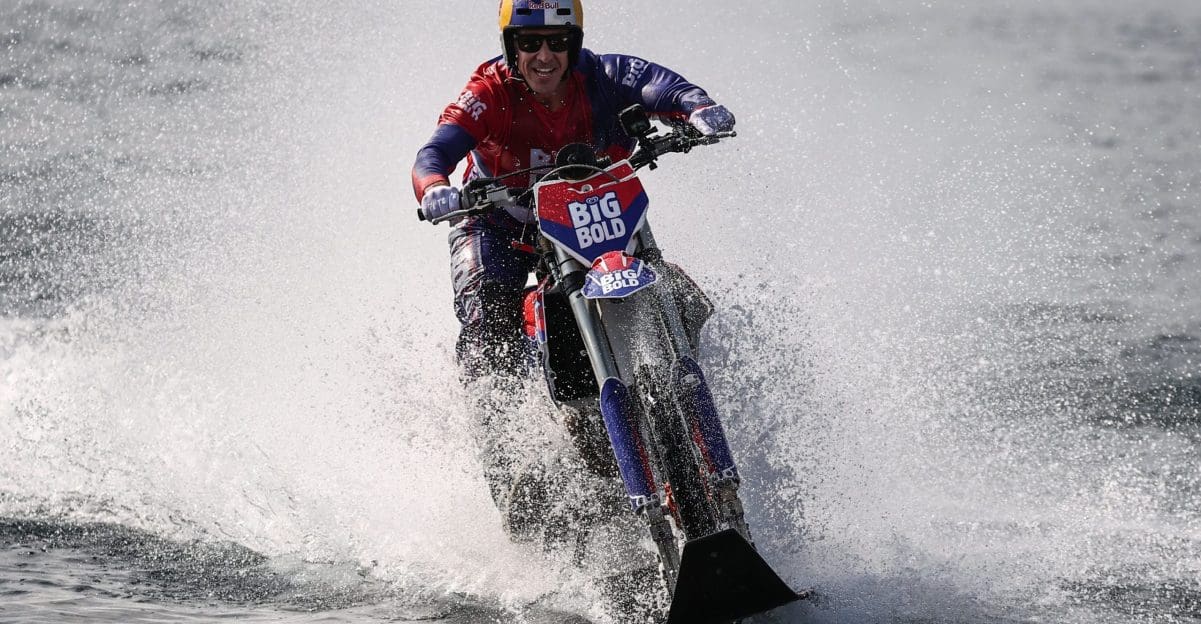 A view of Robbie Maddison riding the Strait of Istanbul on his custom water bike