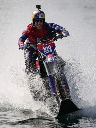 A view of Robbie Maddison riding the Strait of Istanbul on his custom water bike