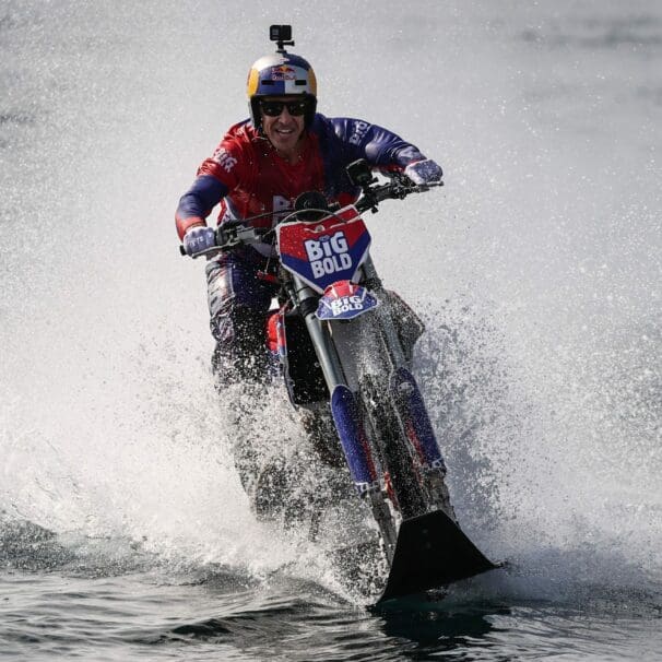 A view of Robbie Maddison riding the Strait of Istanbul on his custom water bike