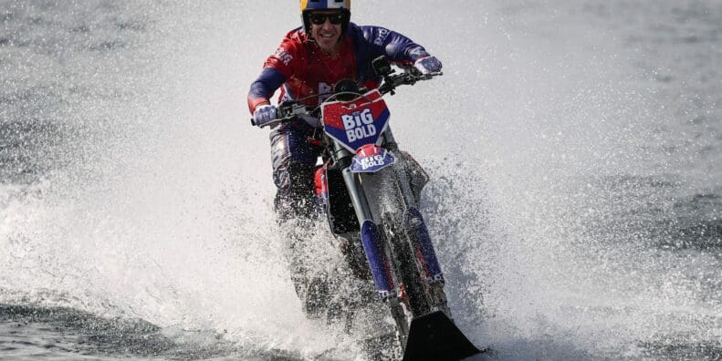 A view of Robbie Maddison riding the Strait of Istanbul on his custom water bike