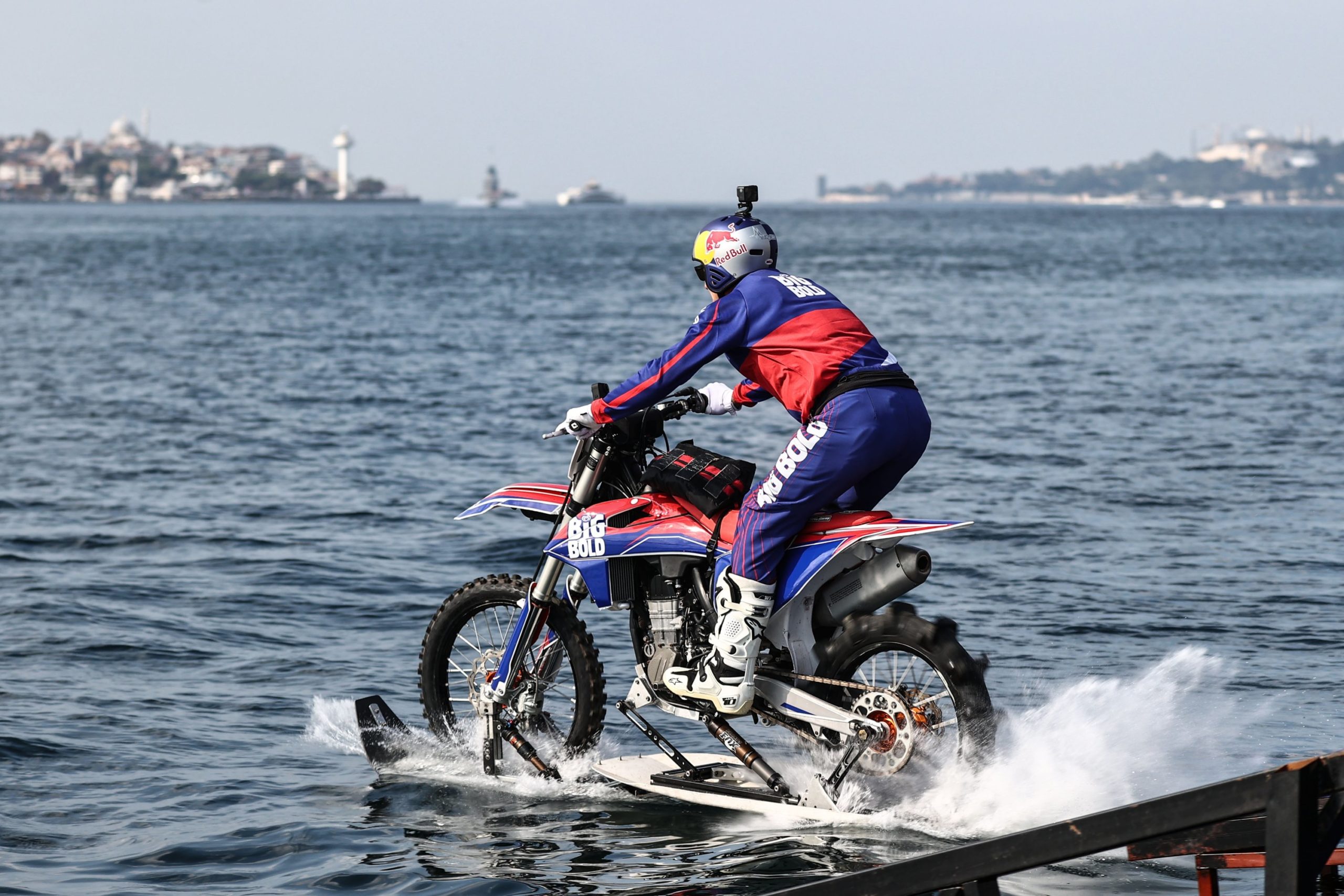 A view of Robbie Maddison riding the Strait of Istanbul on his custom water bike