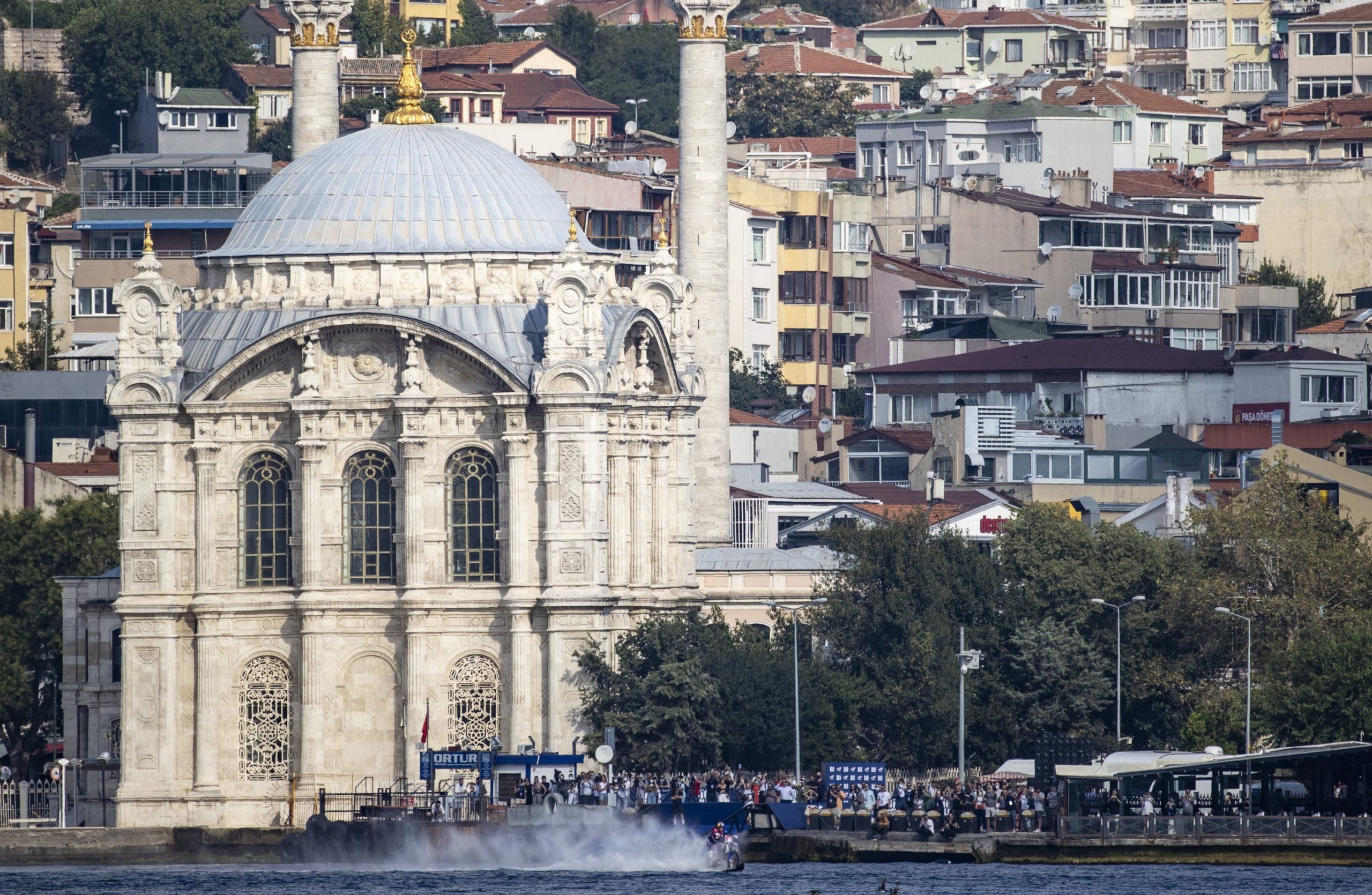 A view of Robbie Maddison riding the Strait of Istanbul on his custom water bike