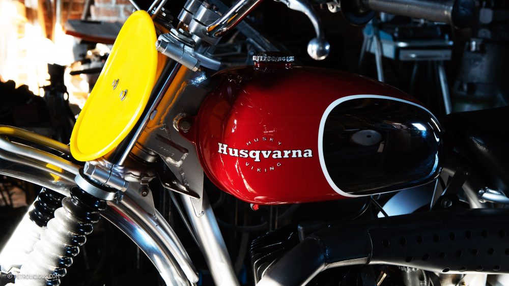 A close-up of the 1968 Husqvarna Viking 360, previously property of Steve McQueen.