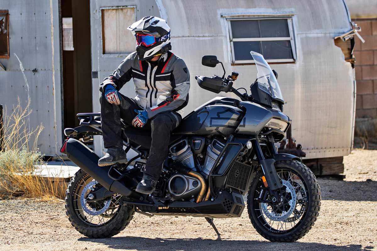 A view of a rider leaning against the all-new Harley Davidson Pan America