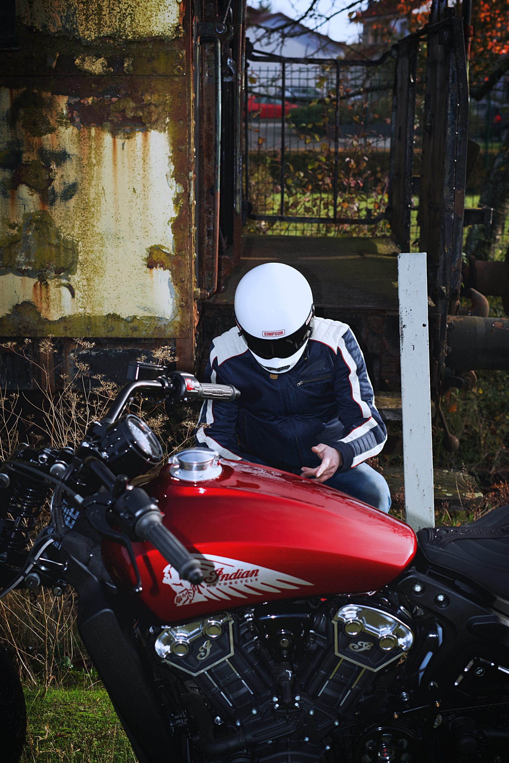 A frontal view of the Red Wings custom Indian Motorcycle, courtesy of French dealer Indian Motorcycle Metz, complete with the CEO of Indian Motorcycle Metz's helmet