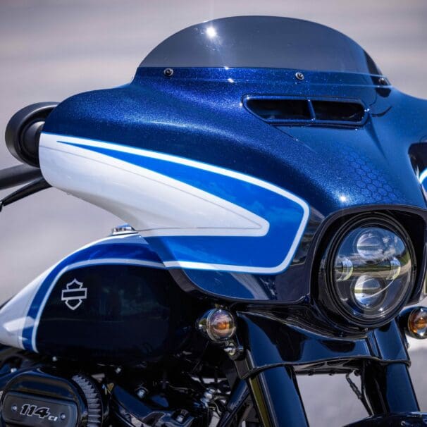 A front view of the Harley Davidson Special Edition in Arctic Blast