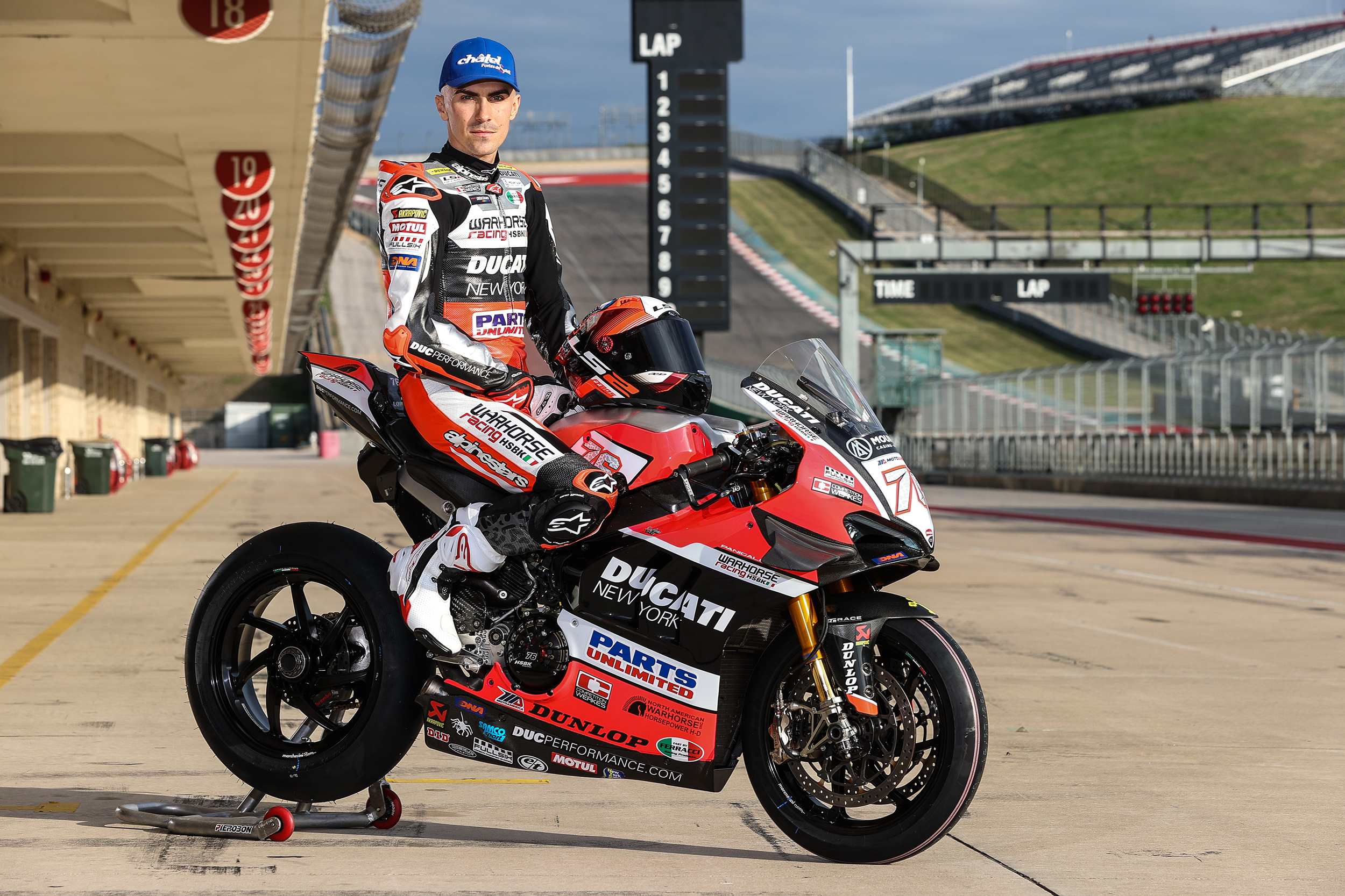 Loris Baz astride his Warhorse HSBK Racing Ducati New York entry, ready to complete in the opening round of MotoAmerica, at the Pittsburgh International Raceway