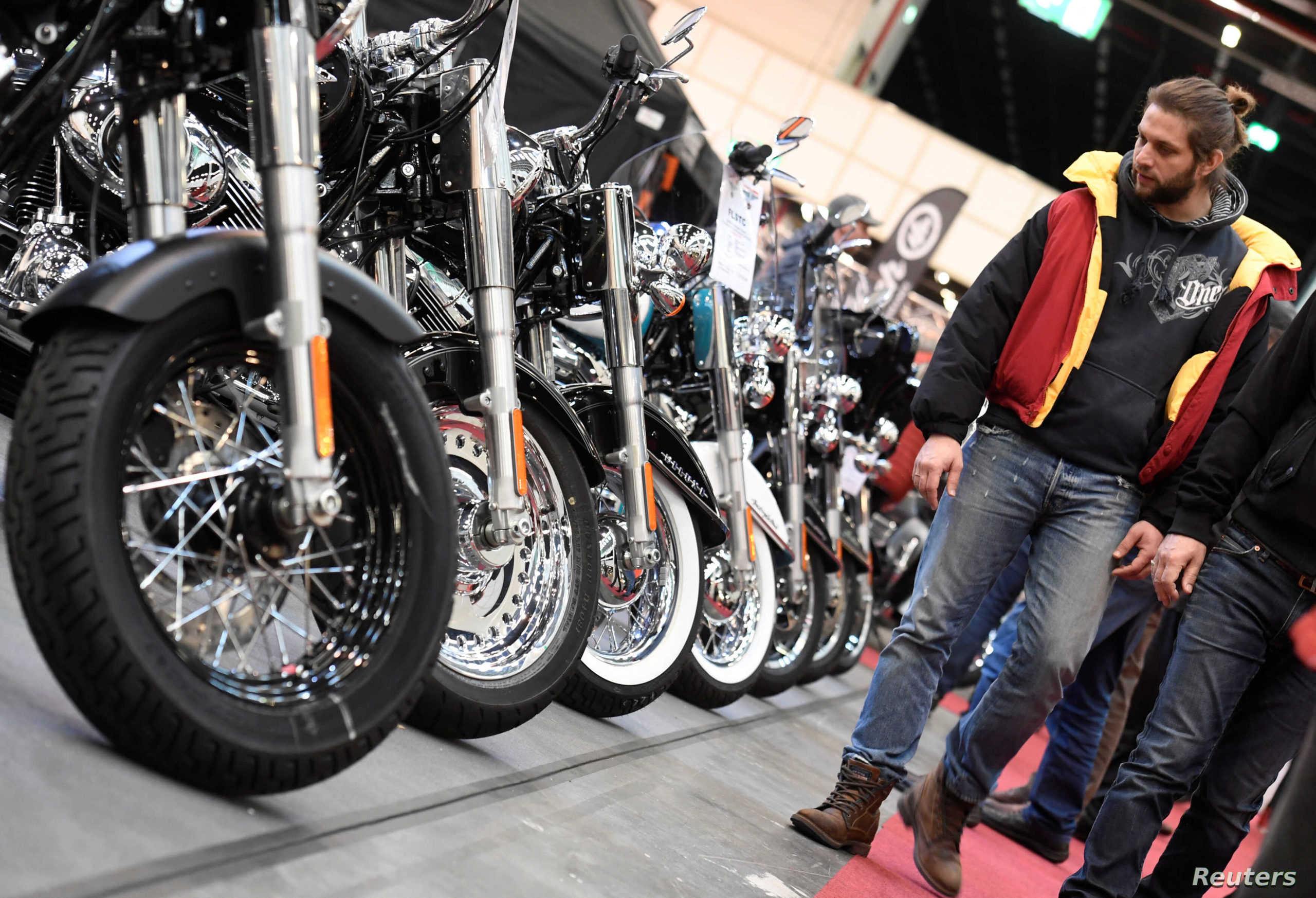 A view of Harley-Davidson bikes lined up in Europe.