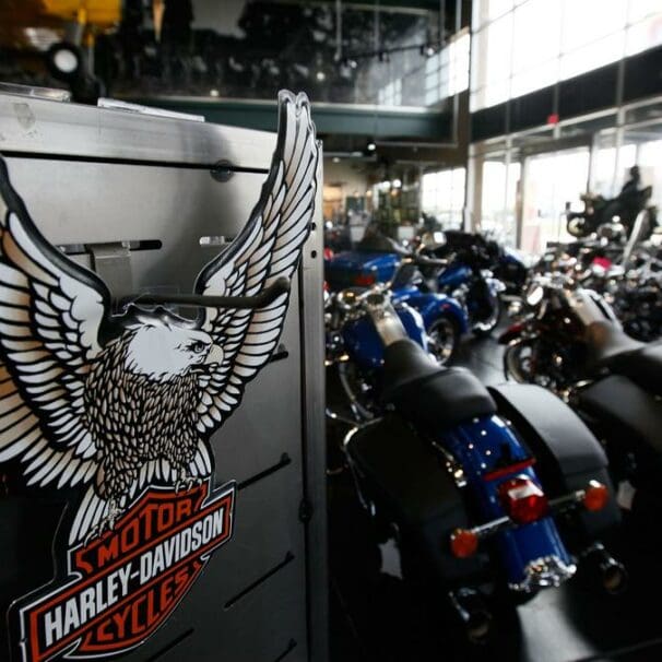 A view of a Harley-Davidson logo at a certified dealership - one where H-D1™ Marketplace bikes can be purchased and sold.