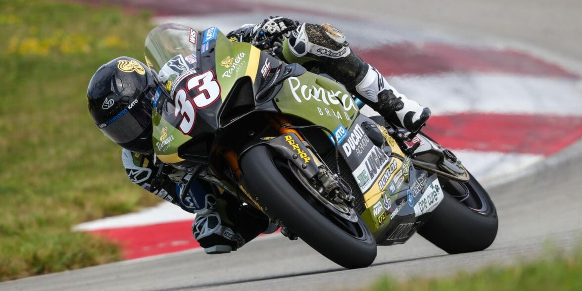 Kyle Wyman riding the Panera Bread Ducati Panigale V4 R at the MotoAmerica at the opening round at the Pittsburgh International Raceway