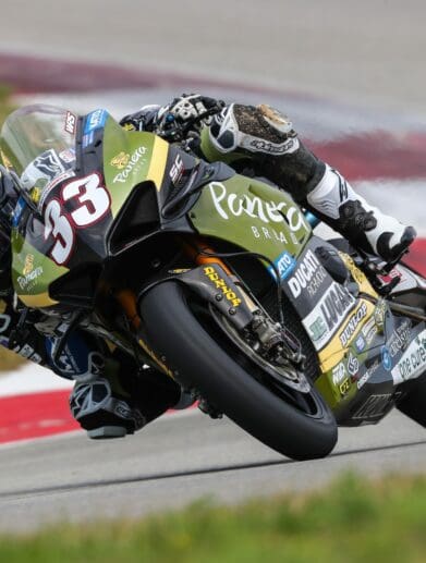 Kyle Wyman riding the Panera Bread Ducati Panigale V4 R at the MotoAmerica at the opening round at the Pittsburgh International Raceway