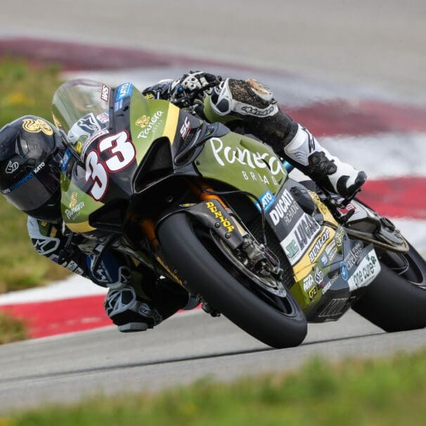 Kyle Wyman riding the Panera Bread Ducati Panigale V4 R at the MotoAmerica at the opening round at the Pittsburgh International Raceway