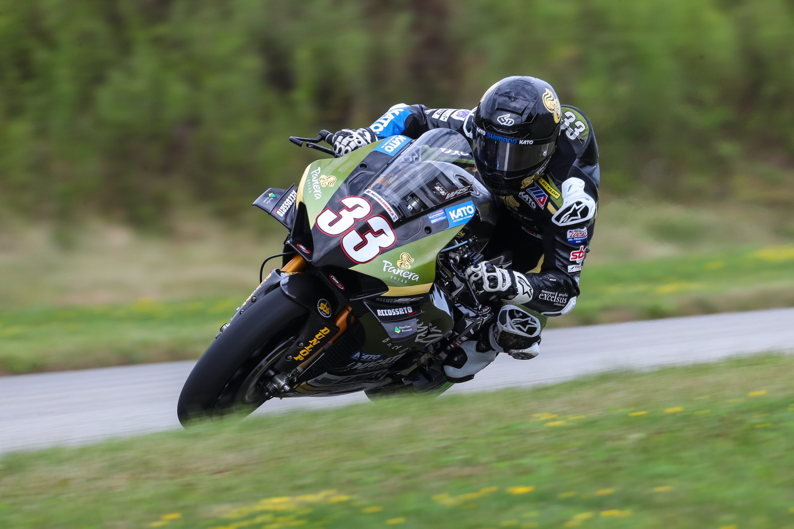 Kyle Wyman riding the Panera Bread Ducati Panigale V4 R at the MotoAmerica at the opening round at the Pittsburgh International Raceway