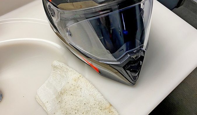 A BMW GS Pure helmet after having bug guts cleaned off the visor.