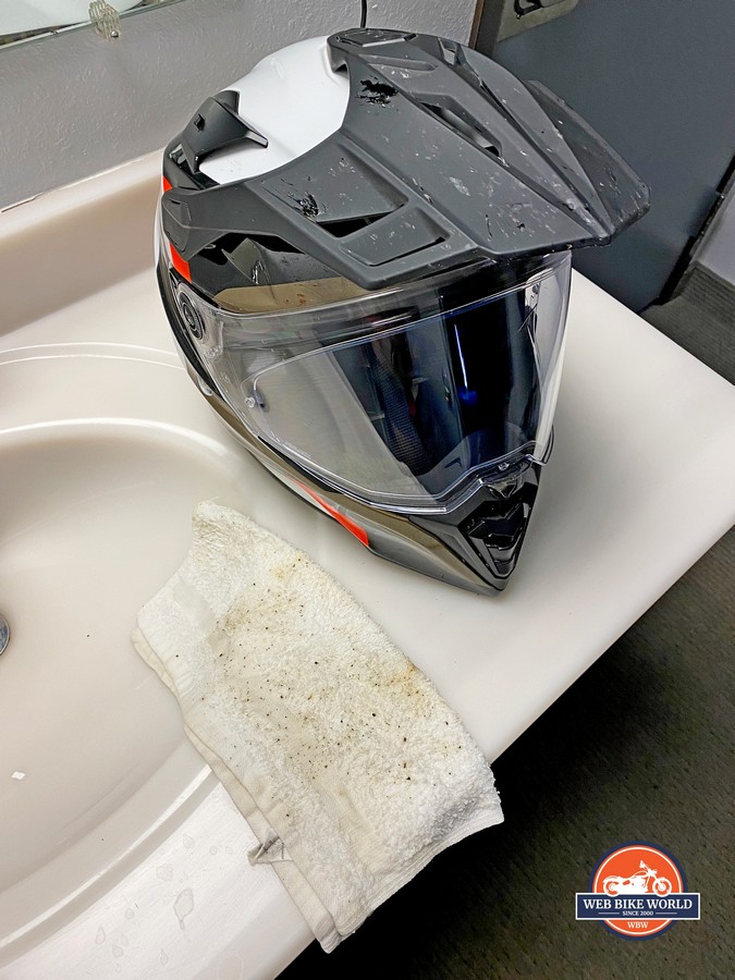 A BMW GS Pure helmet after having bug guts cleaned off the visor.
