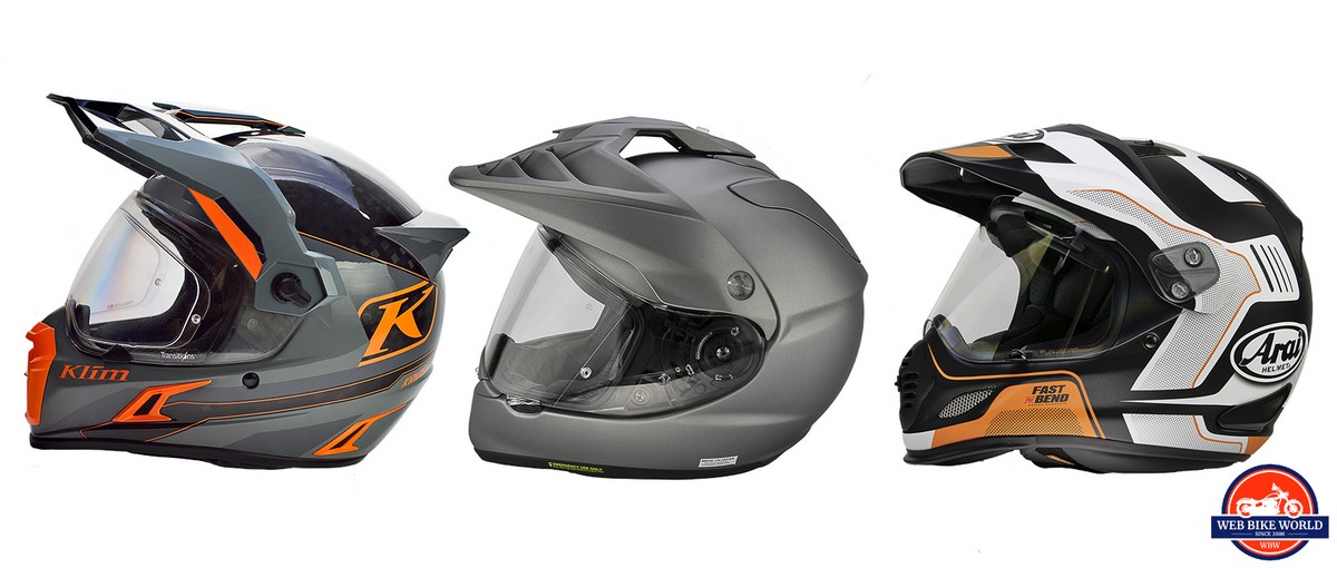 The Klim Krios Pro, Shoei Hornet X2, and Arai XD-4 helmets.