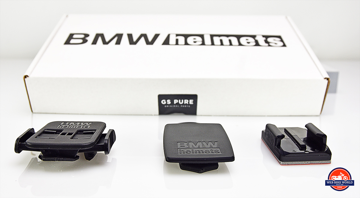 GoPro and other general-purpose camera mounts that come with the BMW GS Pure helmet.