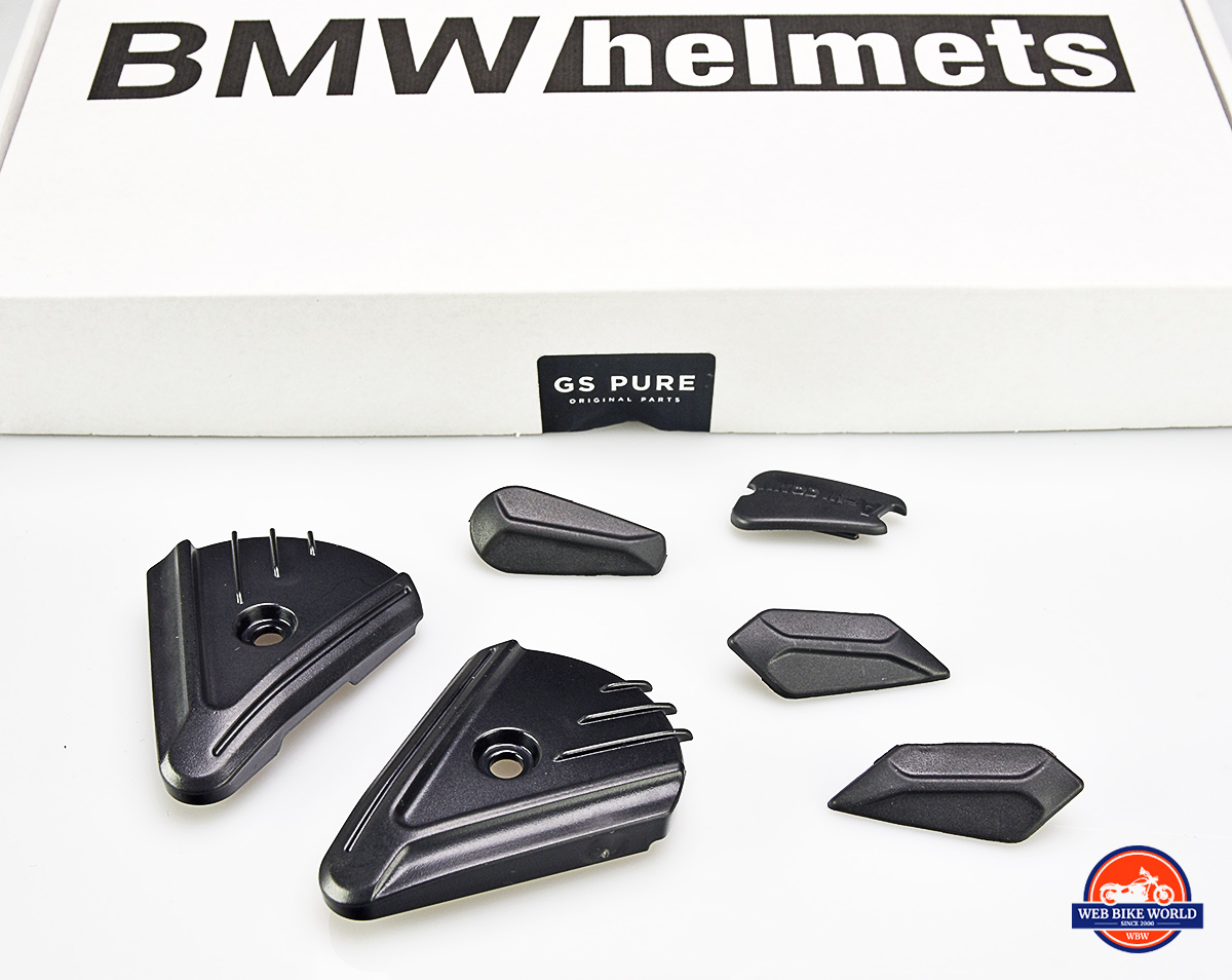 These pieces can be installed to cover mounting holes when the visor and sun peak is removed from the BMW GS Pure helmet.