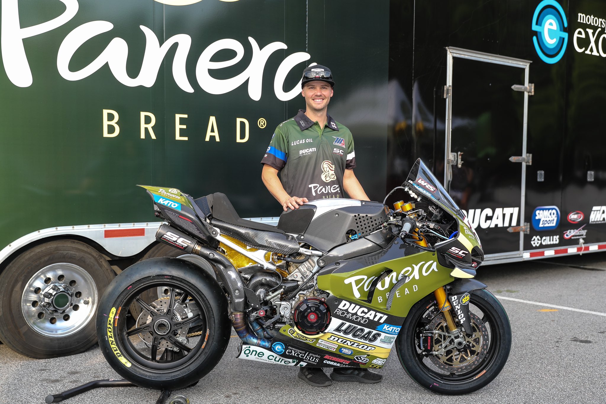 Kyle Wyman next to his Panera Bread Ducati Panigale V4 R, ready to complete in the opening round of MotoAmerica, at the Pittsburgh International Raceway