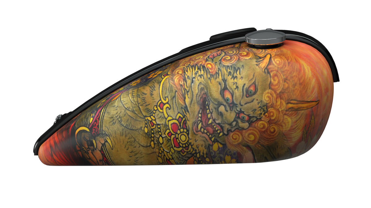 A close-up of the right side of the tank of the Indian Chief designed by Yokohama tattoo artist, Shige