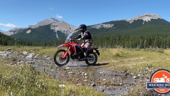 Me riding a 2021 Honda CRF300L Rally off-road in Kananaskis, Alberta.