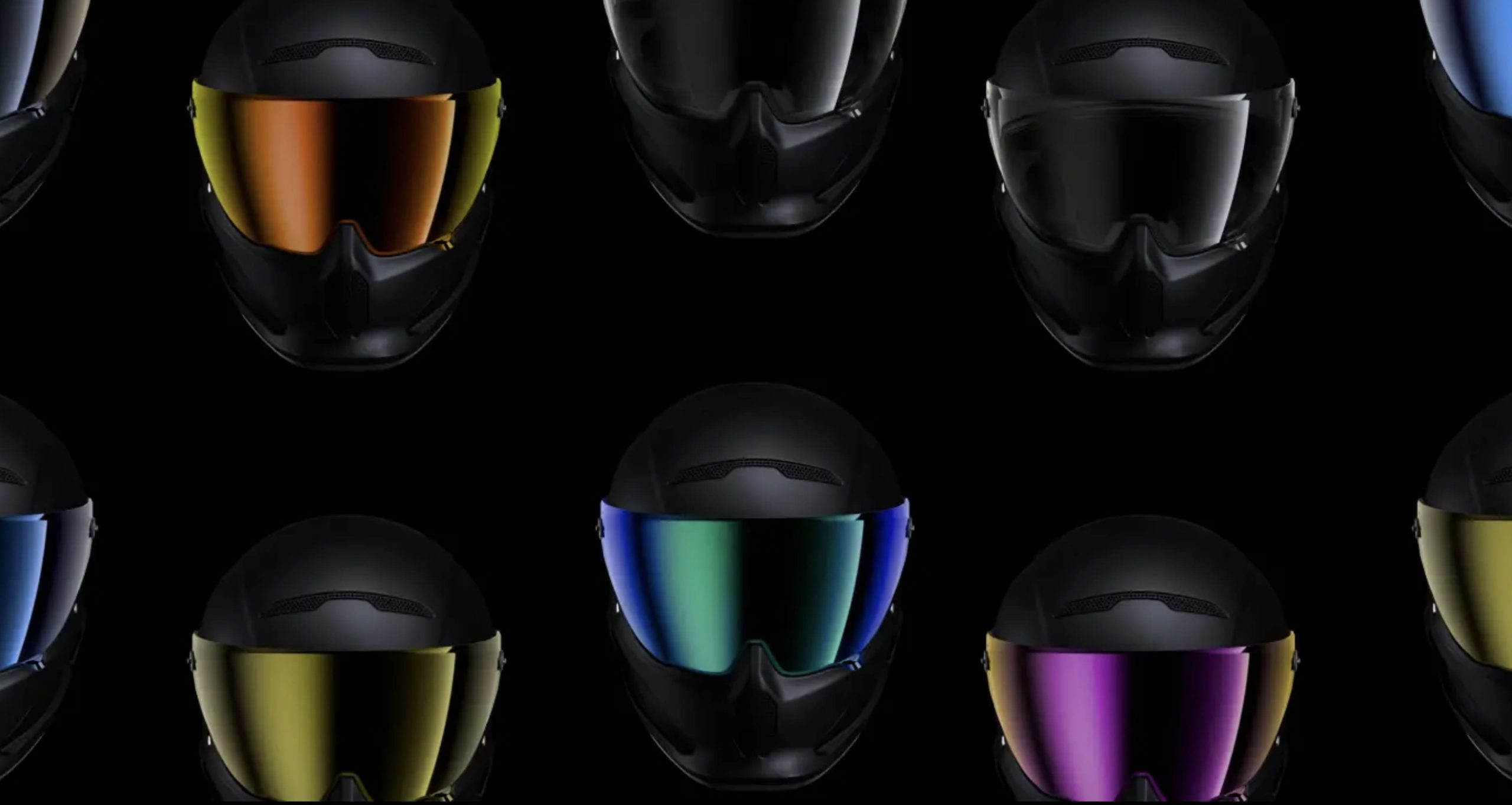 A view of the 9 visor helmet options available with Ruroc's new 2021 Ruroc Atlas 3.0 helmet.