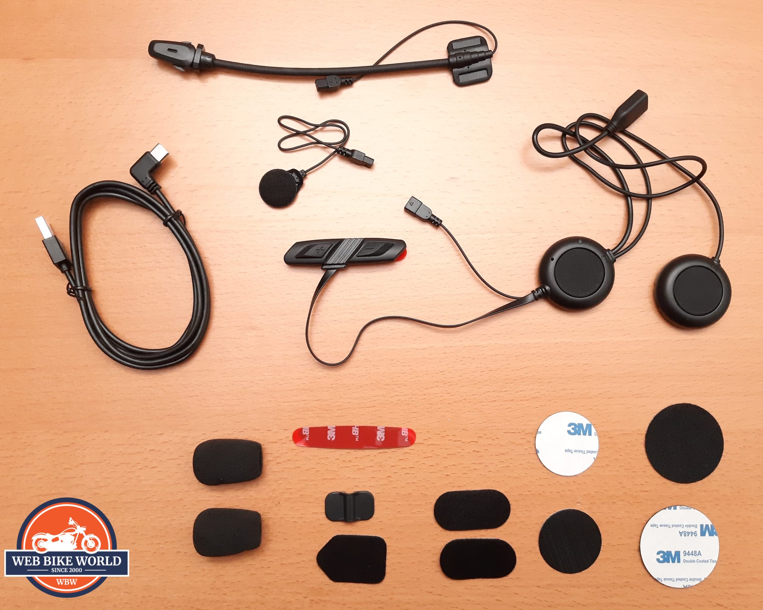 Sena 3S Plus, Universal System, kit contents laid out