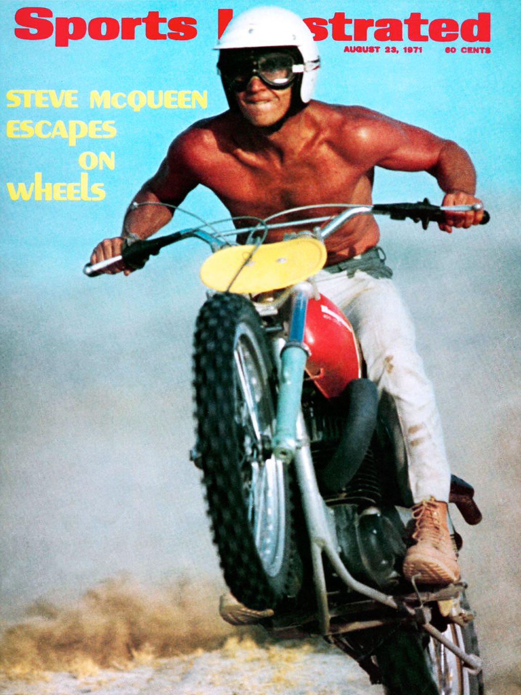 A vintage poster of Steve McQueen featuring his 1968 Husqvarna Viking 360