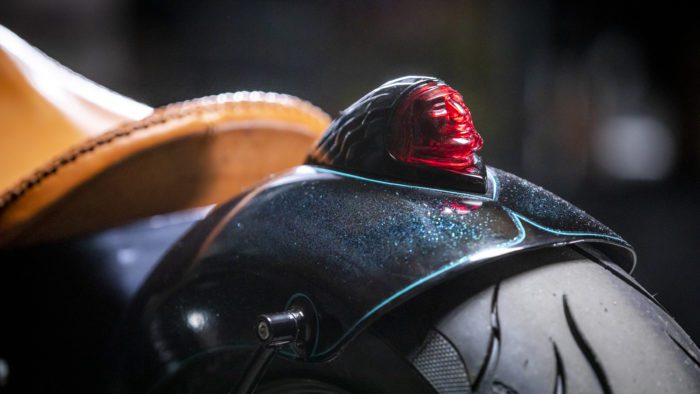 The custom taillight, done by Paul Cox, on the custom motorcycle built by Indian Larry, Paul Cox, and Keino Sasaki