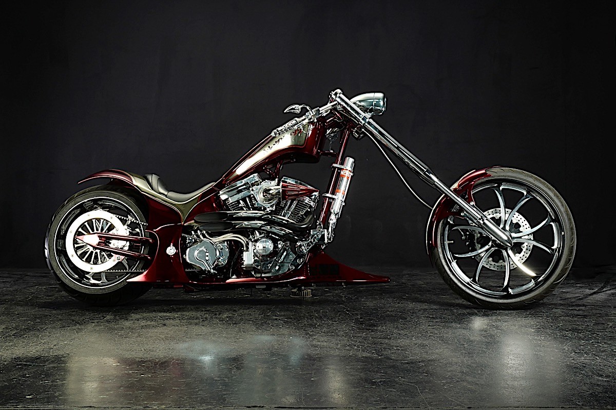 A side profile of the Bad Land 1992 EVO 300 Wide Tire Chopper, also known as ‘The Hades Chopper’. A side profile of the Bad Land 1992 EVO 300 Wide Tire Chopper, also known as ‘The Hades Chopper’.