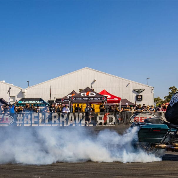 a view of a rider showing off his V-Twin on a series of stunts at the 2021 Bell Brawl series