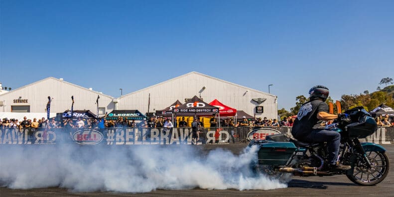 a view of a rider showing off his V-Twin on a series of stunts at the 2021 Bell Brawl series