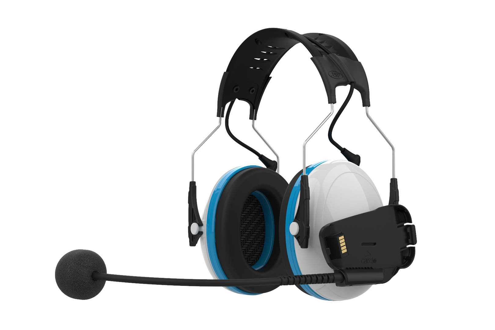 A view of the Cardo System Packtalk headphones, complete with comm unit cradle