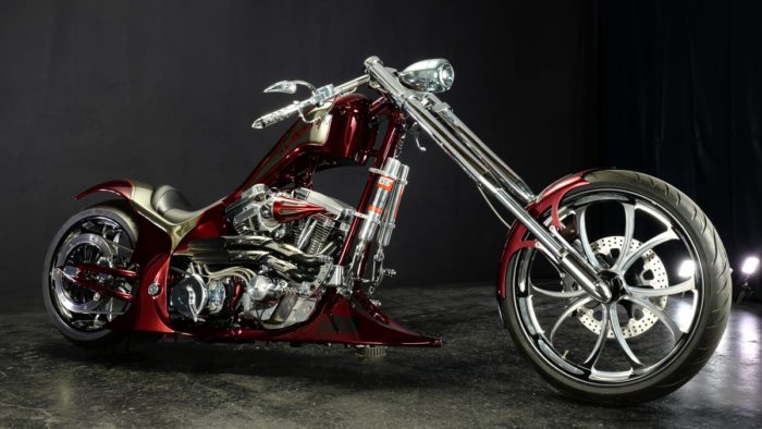 a side/left view of the Bad Land 1992 EVO 300 Wide Tire Chopper, also known as ‘The Hades Chopper’.